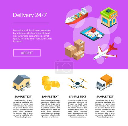 Illustration for Vector isometric logistics and delivery icons landing page template illustration. Delivery distribution, plane and ship - Royalty Free Image