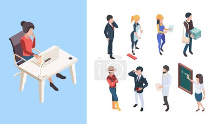 Illustration for Isometric professions. 3d people service workers business persons male female vector illustration. Business service professional, people worker isometric, workman builder, profession handyman - Royalty Free Image