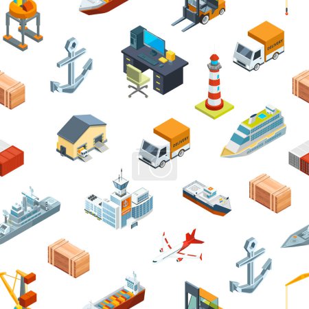 Illustration for Vector isometric marine logistics and seaport pattern or background illustration. Transportation seaport, freight container - Royalty Free Image