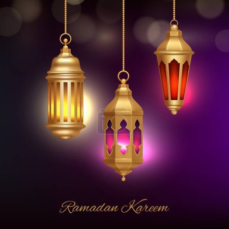 Illustration for Islamic lamps background. Heritage arabic lanterns with beautiful glow effect religion ramadan concept vector illustration. Muslim lamp, arabian holiday arabesque - Royalty Free Image