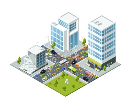 Illustration for Crossroad jam traffic. Isometric urban transport active movement in jammed city vector 3d buildings busses and cars. Illustration street traffic jam, urban city road - Royalty Free Image