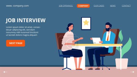Illustration for Job interview. Corporate company, jobs applicant and specialist. Head hunter, recruitment and hr agency. Woman and business man talking, hiring vector page. Interview manager, employment illustration - Royalty Free Image