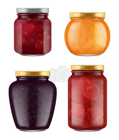 Jam jar. Realistic home made marmalade traditional gourmet healthy jelly food from fruits vector collection. Fruit jam container, jar jelly organi, homemade illustration