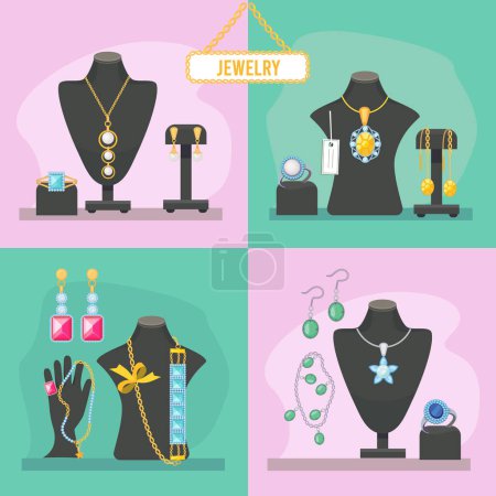 Illustration for Jewelry shop. Beauty items for woman expensive gems diamonds bracelets precious pendants glamour bride accessories vector pictures. Jewelry fashion, ring with diamond, luxury accessory illustration - Royalty Free Image