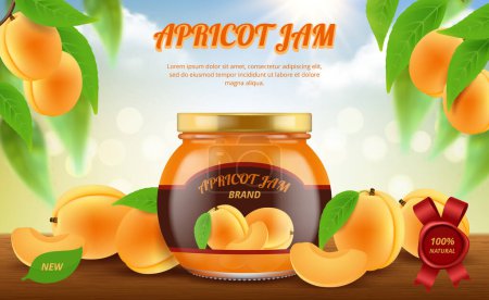 Illustration for Jam ads. Traditional food in glass jar jamming marmalade products vector promotional placard template. Apricot jam dessert, marmalade fruit organic illustration - Royalty Free Image