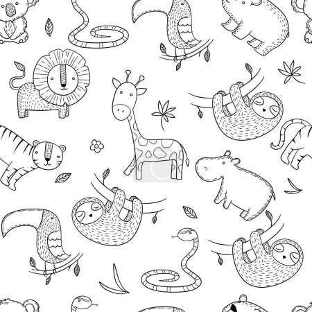Illustration for Jungle pattern. African wild animals vector seamless background. Tiger and african crocodile, sloth and lion. Vector illustration - Royalty Free Image