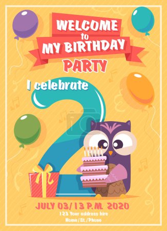 Illustration for Birthday invitation. Kids poster with owls funny characters vector placard template. Poster congratulation and announcement birthday, greeting invitation illustration - Royalty Free Image