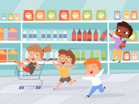 Illustration for Kids in shopping. Mother with children purchase product active characters vector background. Shopping purchase, kids happy playing in retail illustration - Royalty Free Image