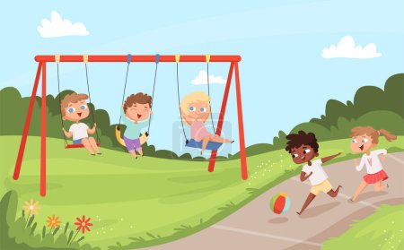 Illustration for Kids swing rides. Outdoor happy walking and playing childrens nature camp vector cartoon background. Play swinging ride, swing childhood happiness illustration - Royalty Free Image