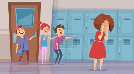 Illustration for Bullying in school. Stressed kids laughs scare conflict problems in school corridor vector cartoon background. School stress, bullying people illustration - Royalty Free Image