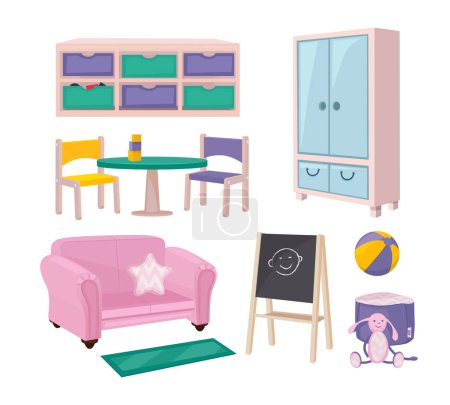 Illustration for Kindergarten furniture. Playroom items toys chairs boards desks and beads for kids education preschool objects vector cartoon set. Illustration furniture equipment, detail sofa and chair - Royalty Free Image