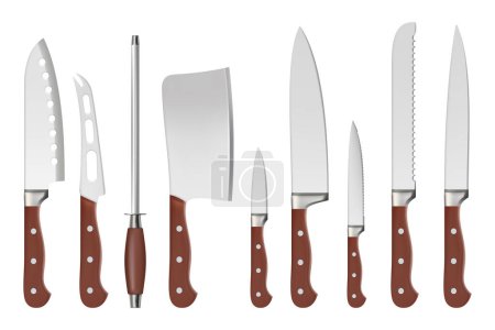 Illustration for Knives. Butcher professional sharp handle knives kitchenware restaurant accessories for cook vector closeup isolated pictures. Illustration kitchenware for butcher, knife tool - Royalty Free Image