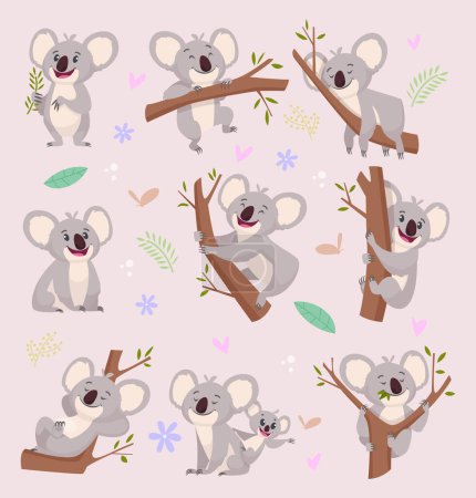Téléchargez les illustrations : Caractères Koala. Ours sauvage australie dessins animés animaux à fourrure illustrations vectorielles. Mammifère koala sur bois vert sourire - en licence libre de droit