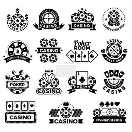 Illustration for Casino emblems. Labels for poker club game tournament symbols gambling cards chips and dice vector collection. Casino game gambling, poker and dice illustration - Royalty Free Image