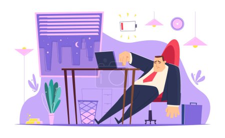 Illustration for Burnout character in office. Lazy tired managers young entrepreneur depression people bad atmosphere vector business concept. Illustration character burnout work, office employee tired - Royalty Free Image