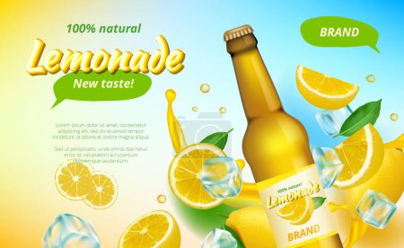 Illustration for Lemone ads. Yellow flowing juice splashes and half of healthy fruits drinks advertising vector poster. Fruit lemon drink, fresh citrus lemonade, banner and poster illustration - Royalty Free Image