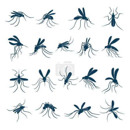Illustration for Flying mosquito. Little bloodsucker insects carriers of viruses silhouettes vector drawn set. Mosquito insect, malaria gnat and blood pest illustration - Royalty Free Image
