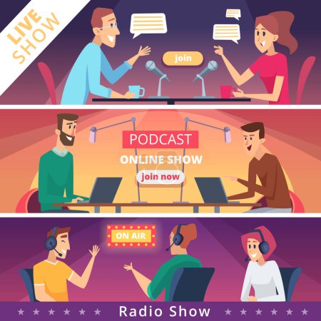Illustration for Radio show banners. Audio radio music microphones and headset live speakers vector illustrations. Radio show, microphone media studio - Royalty Free Image