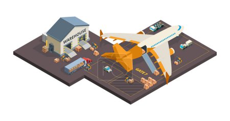 Illustration for Cargo aircraft. Loading airplane packages and containers airport truck refueling vector isometric cargo transport. Container plane cargo, freight delivery aircraft illustration - Royalty Free Image