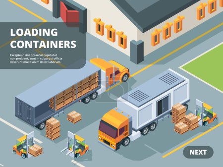 Illustration for Logistic concept. Warehouse loading containers shipping transportation retail workers tracking industrial technology vector isometric. Illustration delivery transportation, isometric storage industry - Royalty Free Image