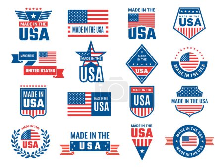 Ilustración de Logotipo hecho en USA. Etiqueta para patriota bandera americana y símbolos especiales para el diseño de sellos de vector usa. Etiqueta bandera de EE.UU., patriotismo hecho en América ilustración - Imagen libre de derechos