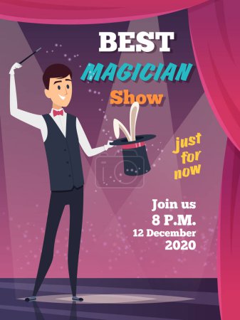 Illustration for Magic show poster. Magician character show tricks wizard with mystery cap vector placard invitation. Magic show, magician cartoon mystery, trick magical performance illustration - Royalty Free Image