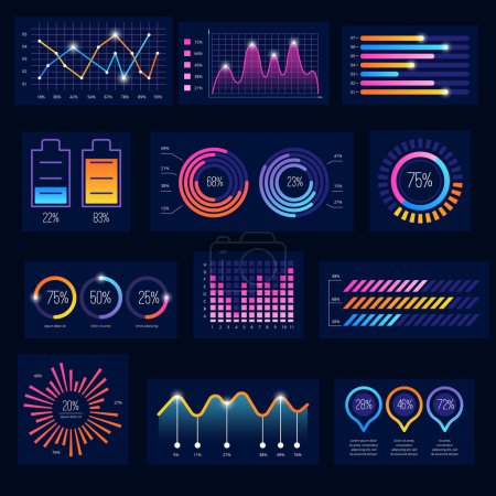 Illustration for Modern infographic. Business future charts monitor screen dark ui theme bullets frames diagram graph vector simple dashbord elements. Illustration infographic data, user hologram diagram - Royalty Free Image