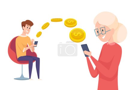 Illustration for Money transfer. Boy send pay with phone. Financial assistance to parents or grandmother vector concept. Illustration finance transaction, business banking electronic - Royalty Free Image