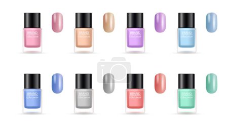 Illustration for Nail polish collection. Palette for manicure. Isolated cosmetics bottles and colorful nails vector set. Collection nail beauty care, bottle cosmetic for manicure illustration - Royalty Free Image