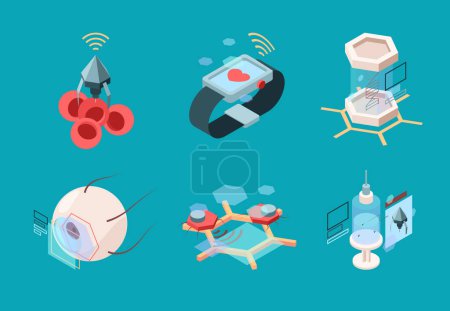 Illustration for Nanotechnology isometric. Bio modern medical systems nanorobot human implant organs research machines vector future medicine pictures. Illustration nanotechnology research, molecule human experiment - Royalty Free Image