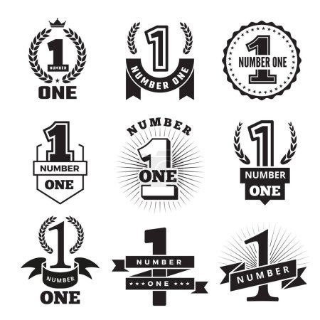 Illustration for Number one. Badges or banners award or business achievements vector monochrome set. Winner badge champion number, achievement and competition reward illustration - Royalty Free Image