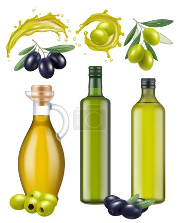 Ilustración de Botellas de olivo. Paquete de vidrio de aceite productos naturales saludables para cocinar alimentos verdes y negras aceitunas griegas vector plantilla realista. Botella de vidrio de oliva, aceite saludable para cocinar ilustración - Imagen libre de derechos
