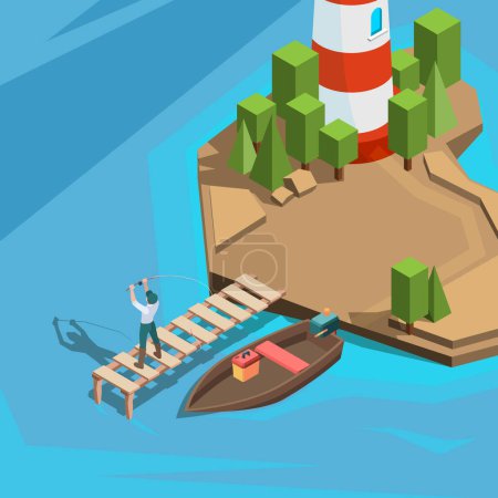 Illustration for Fishing at dock. Outdoor berth fisherman in boat river or sea fishing with spinning active vacation time vector isometric background. Fisherman on lake or river, lighthouse and marina illustration - Royalty Free Image