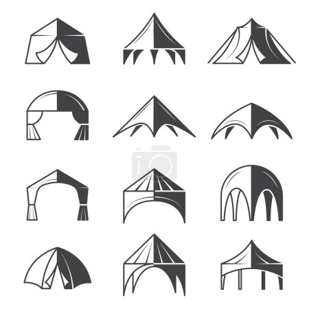 Illustration for Tent silhouettes. Outdoor party event buildings pavilion marquee vector tent collection. Pavilion canvas, marquee collection wedding illustration - Royalty Free Image