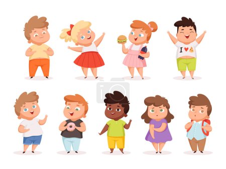Illustration for Overweight children. Fat kids eating different junk food oversize people in casual clothes vector different characters. Overweight child, young kids obesity illustration - Royalty Free Image