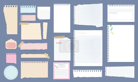 Illustration for Paper notes. Copybook linear pages lists of notebooks different sizes stripped notes vector. Sheet paper stationery, checkered note page, notepaper different illustration - Royalty Free Image