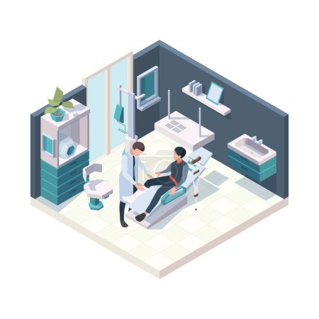 Illustration for Patient in hospital. Emergency first injury room health adults persons nurse and doctors vector medical illustration isometric interior. Emergency medical care, doctor in clinic do aid - Royalty Free Image