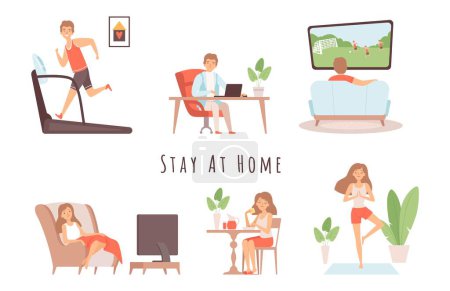 Illustration for Stay at home. House relaxing, man woman weekend. People watch tv, working from house vector illustration. Relax girl cartoon, television leisure and sport on period isolation - Royalty Free Image