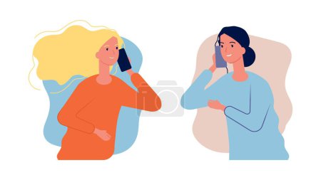Illustration for Phone talk. Women girlfriends have conversation. Call center help, girl need to talk. Mother and daughter cellphone dialog, parent care vector illustration. Mother daughter conversation, family speak - Royalty Free Image