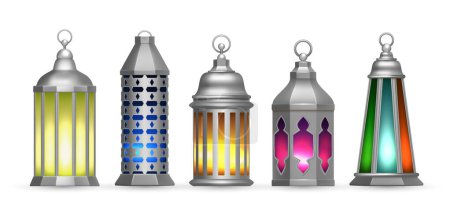 Téléchargez les illustrations : Lampes arabes argentées réalistes. Lanternes orientales colorées, isolées lumières décoratives islamiques ensemble vectoriel. Lampe d'illustration lanterne, arabe religieux oriental - en licence libre de droit