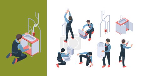 Illustration for Plumbing service. Install pipelines fixing and repair bathroom toilet vector isometric illustration. Bathroom fixing, washbasin installing by handyman - Royalty Free Image