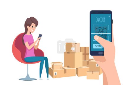 Illustration for QR code. Girl finding information about parcels with phone and barcode identification vector illustration. Hold smartphone with code, technology qr digital - Royalty Free Image