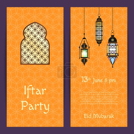 Téléchargez les photos : Modèle de carte d'invitation de fête vectorielle Ramadan Iftar avec lanternes et fenêtre avec motifs arabes et lieu pour l'illustration de texte - en image libre de droit