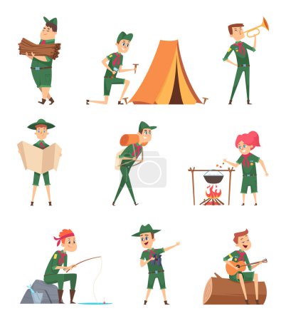 Illustration for Rangers kids. Little scouts in green uniform survival characters with backpack studying vector children. Recreation child travel, adventure and play guitar illustration - Royalty Free Image