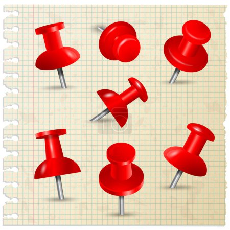 Illustration for Red pins. Thumbtack push paper notes on board memo pins stationery items vector collection. Fix pin, thumbtack variety, pushpin checkered page illustration - Royalty Free Image