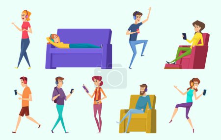 Illustration for Relaxing characters. Peoples listening music in headphones laying male and female persons vector. Character music headphones, people listening and relax illustration - Royalty Free Image