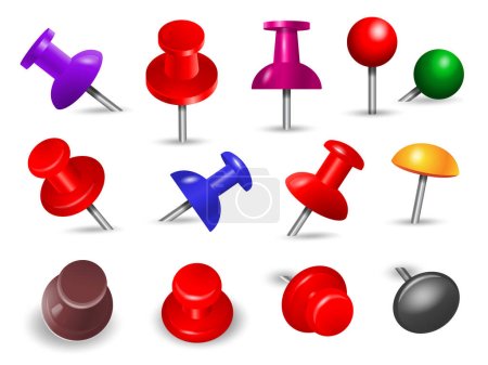 Illustration for Red thumbtack. Office supplies for paper note push and attachments objects organize angle mount pin colored markers vector set. Thumbtack for office, pushpin attach collection illustration - Royalty Free Image