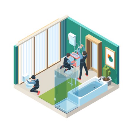 Illustration for Repair bathroom. Plumber workers install pipelines in washing room vector concept pictures isometric. Plumber isometric handyman, craftsman installing, sanitary industry illustration - Royalty Free Image