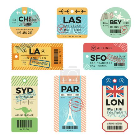 Illustration for Baggage tags. Retro tickets for travellers luggage airplane stickers with stamps vector design templates. Tag luggage, trip passenger badge, destination traveller cardboard illustration - Royalty Free Image