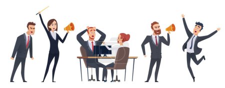 Illustration for Screaming people. Angry business characters. Woman man with megaphone. Negative leadership vector illustration. Business character angry, businessman scream and shouting - Royalty Free Image